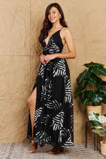 OneTheLand Black Leaf Printed Maxi Dress-Onetheland, Ship from USA-[option4]-[option5]-[option6]-Womens-USA-Clothing-Boutique-Shop-Online-Clothes Minded