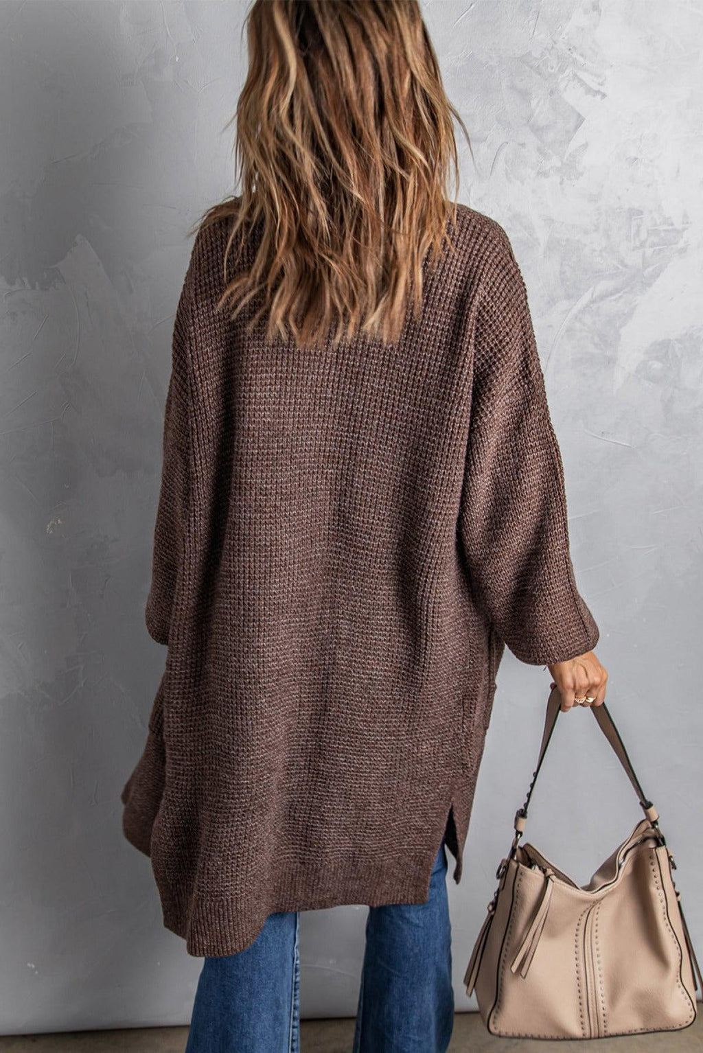 Open Front Waffle Knit Texture Long Cardigan-Cardigans-Ship from Overseas-Brown-S-[option4]-[option5]-[option6]-Womens-USA-Clothing-Boutique-Shop-Online-Clothes Minded