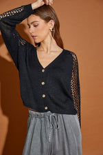 Open Weave Detail Cardigan Sweater-Sweaters-Cardigan Sweater, Junior, Shirts & Blouses-BLACK-S-[option4]-[option5]-[option6]-Womens-USA-Clothing-Boutique-Shop-Online-Clothes Minded