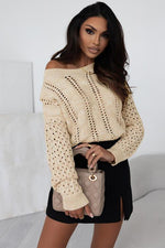 Openwork Cable-Knit Round Neck Knit Top-Ship From Overseas, SYNZ-Beige-S-[option4]-[option5]-[option6]-Womens-USA-Clothing-Boutique-Shop-Online-Clothes Minded