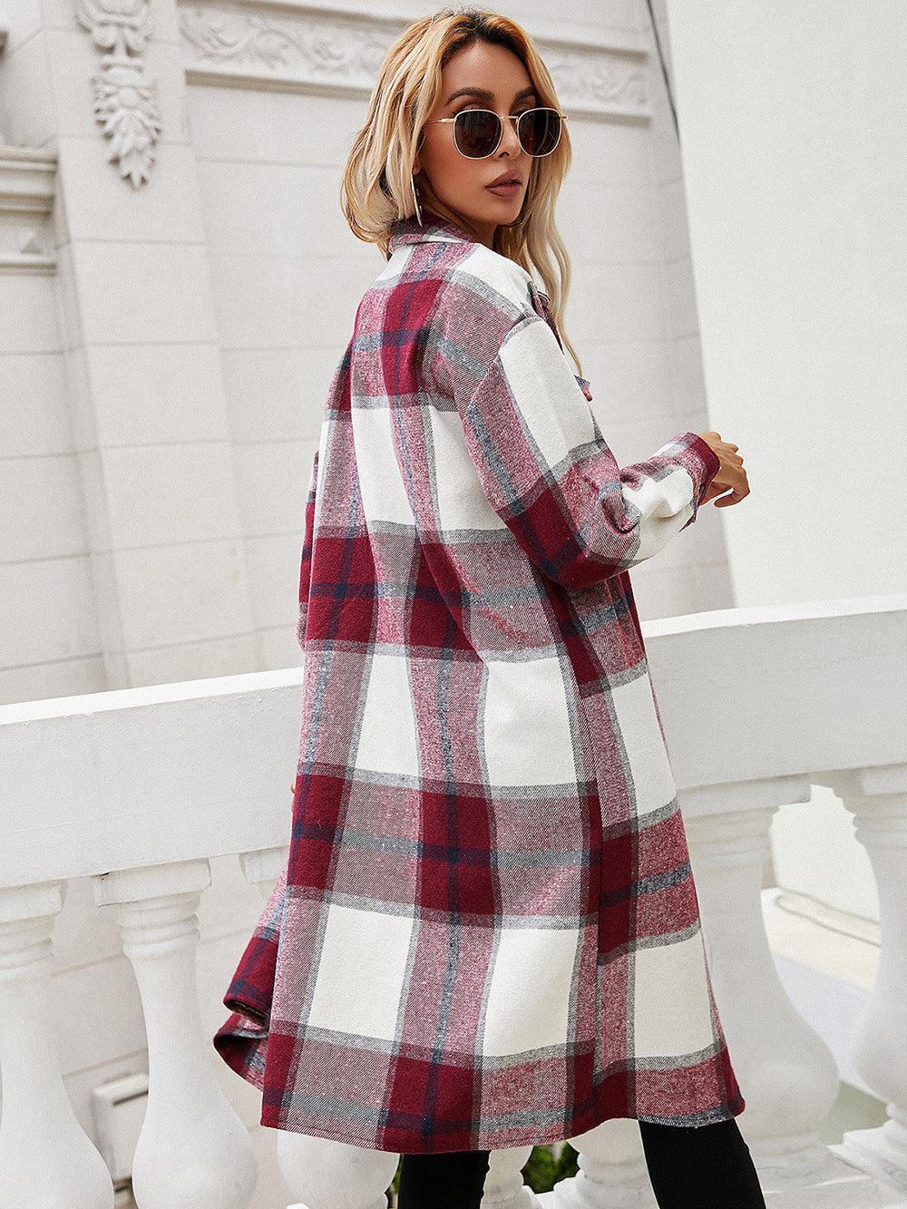 Plaid Longline Shirt Jacket-Ship From Overseas, Y&BL-Wine-S-[option4]-[option5]-[option6]-Womens-USA-Clothing-Boutique-Shop-Online-Clothes Minded