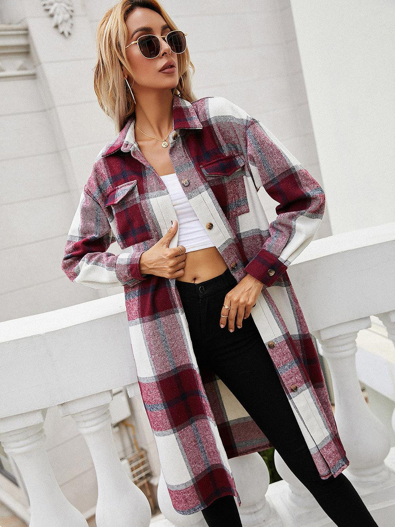 Plaid Longline Shirt Jacket-Ship From Overseas, Y&BL-[option4]-[option5]-[option6]-Womens-USA-Clothing-Boutique-Shop-Online-Clothes Minded