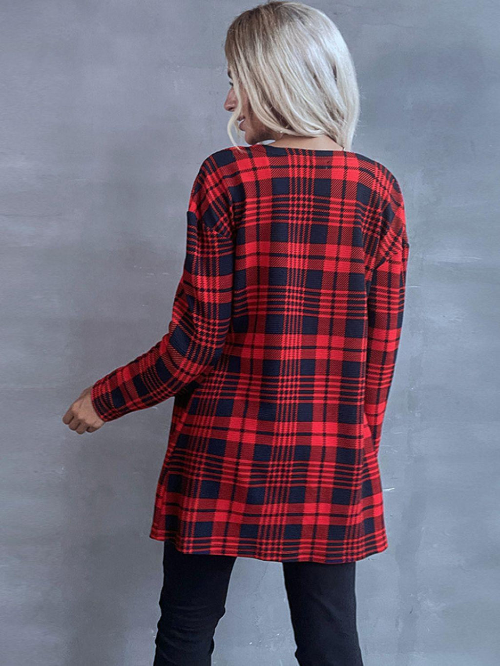 Plaid Open Front Longline Jacket-Romantichut, Ship From Overseas-Deep Red-S-[option4]-[option5]-[option6]-Womens-USA-Clothing-Boutique-Shop-Online-Clothes Minded