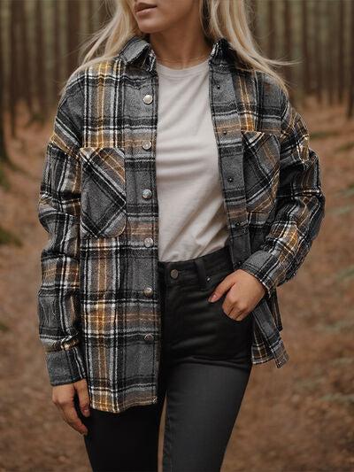 Plaid Snap Down Long Sleeve Shacket-G@S, Ship From Overseas-Charcoal-S-[option4]-[option5]-[option6]-Womens-USA-Clothing-Boutique-Shop-Online-Clothes Minded