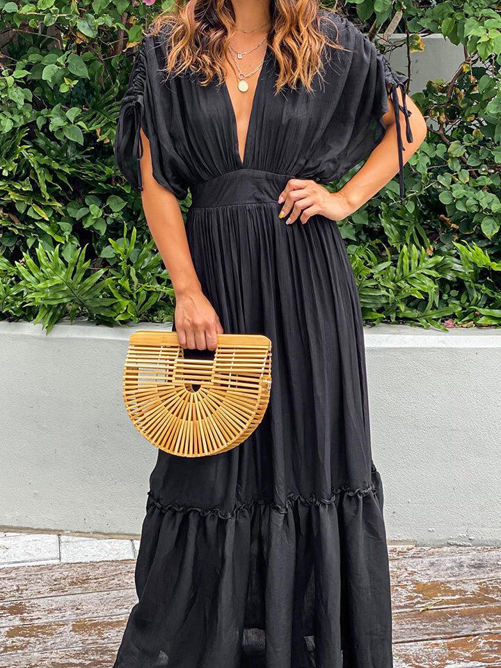 Plunge Neck Tie Sleeve Maxi Dress-Ship From Overseas, SYNZ-Black-S-[option4]-[option5]-[option6]-Womens-USA-Clothing-Boutique-Shop-Online-Clothes Minded
