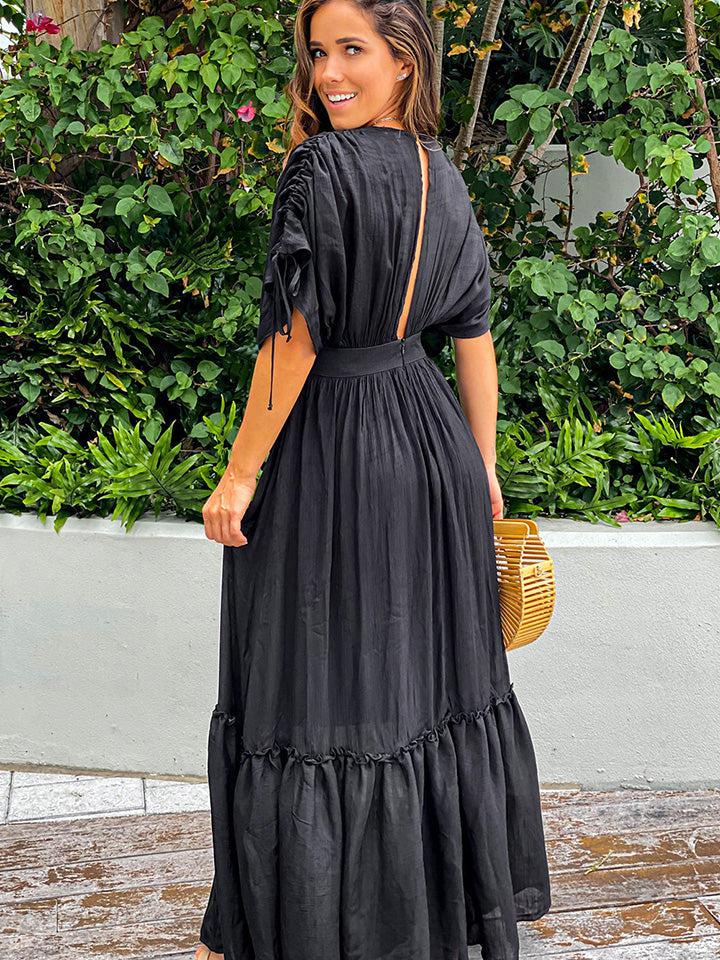 Plunge Neck Tie Sleeve Maxi Dress-Ship From Overseas, SYNZ-[option4]-[option5]-[option6]-Womens-USA-Clothing-Boutique-Shop-Online-Clothes Minded