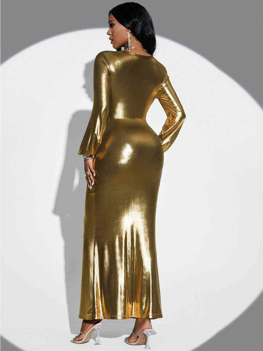 Plunge Twisted Slit Midi Dress-Dresses-Dress, S.N, Ship From Overseas-Gold-S-[option4]-[option5]-[option6]-Womens-USA-Clothing-Boutique-Shop-Online-Clothes Minded