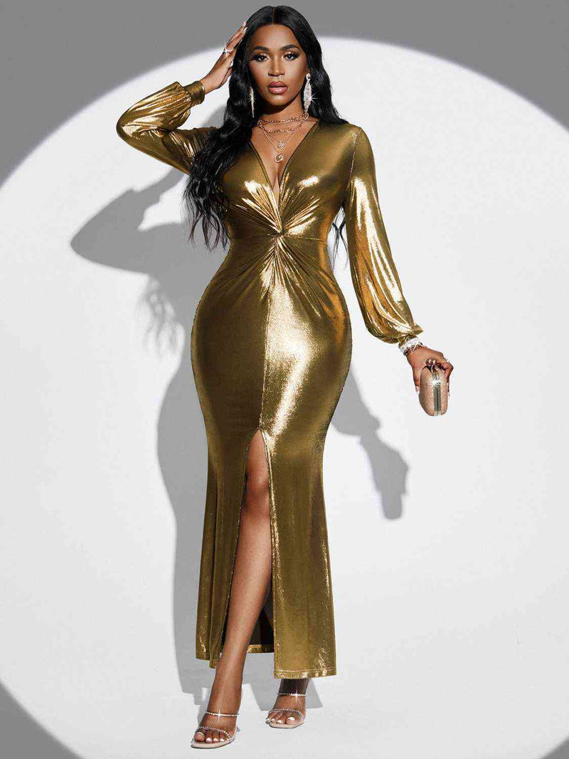 Plunge Twisted Slit Midi Dress-Dresses-Dress, S.N, Ship From Overseas-Gold-S-[option4]-[option5]-[option6]-Womens-USA-Clothing-Boutique-Shop-Online-Clothes Minded