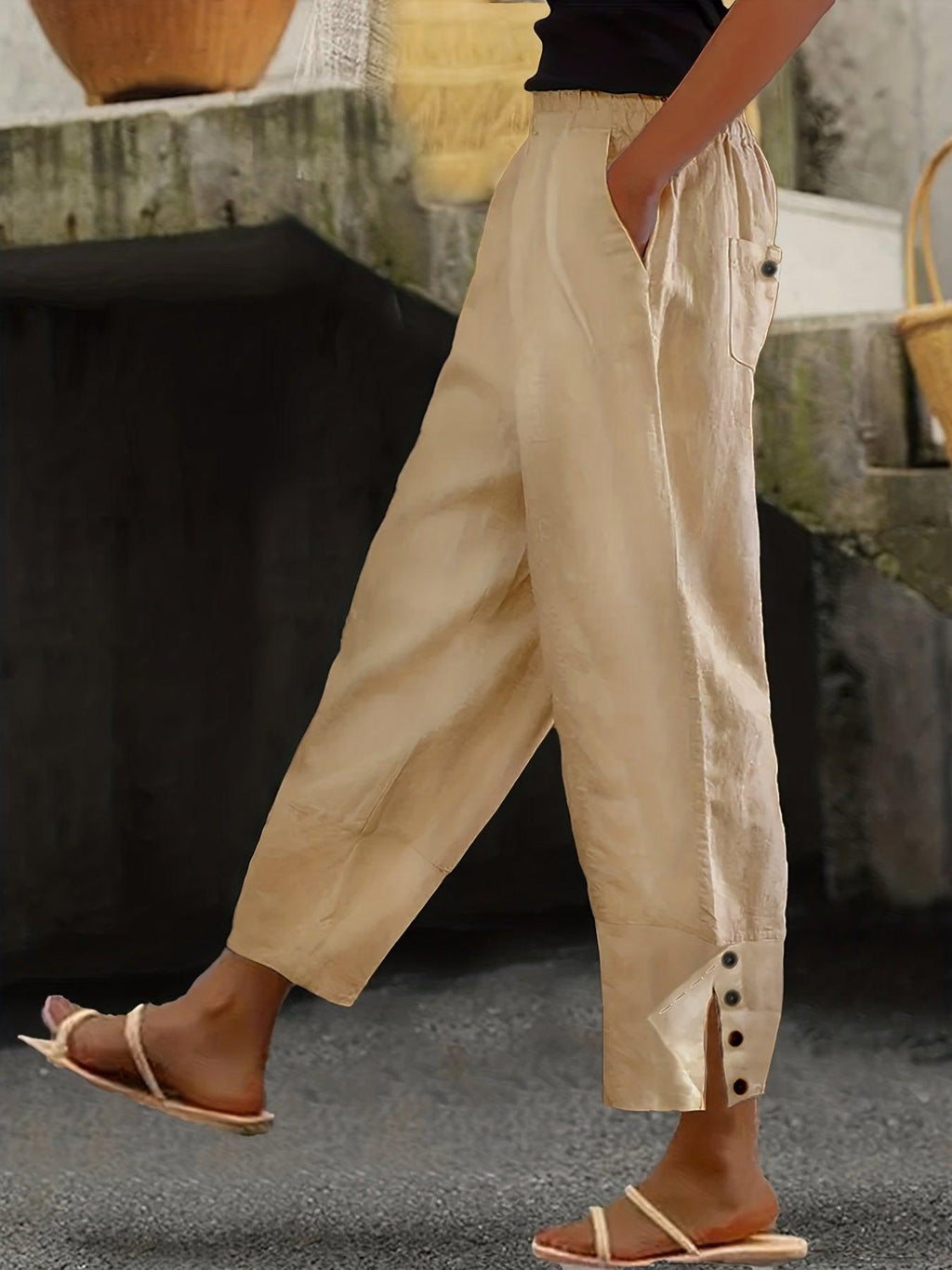 Plus Size Buttoned Slit Pants with Pockets-Bottoms-Bottoms, Ship From Overseas, YO-Sand-1XL-[option4]-[option5]-[option6]-Womens-USA-Clothing-Boutique-Shop-Online-Clothes Minded
