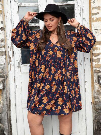 Plus Size Floral V-Neck Balloon Sleeve Dress-H.R.Z, Ship From Overseas-Navy-0XL-[option4]-[option5]-[option6]-Womens-USA-Clothing-Boutique-Shop-Online-Clothes Minded