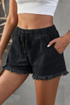 Pocketed Frayed Denim Shorts-Bottoms-Comfy Shorts, Shipping Delay 01/17/2023 - 01/25/2023, shorts-Black Denim-S-[option4]-[option5]-[option6]-Womens-USA-Clothing-Boutique-Shop-Online-Clothes Minded