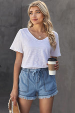 Pocketed Frayed Denim Shorts-Bottoms-Comfy Shorts, Shipping Delay 01/17/2023 - 01/25/2023, shorts-[option4]-[option5]-[option6]-Womens-USA-Clothing-Boutique-Shop-Online-Clothes Minded