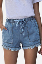 Pocketed Frayed Denim Shorts-Bottoms-Comfy Shorts, Shipping Delay 01/17/2023 - 01/25/2023, shorts-[option4]-[option5]-[option6]-Womens-USA-Clothing-Boutique-Shop-Online-Clothes Minded
