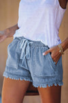 Pocketed Frayed Denim Shorts-Bottoms-Comfy Shorts, Shipping Delay 01/17/2023 - 01/25/2023, shorts-Sky Blue-S-[option4]-[option5]-[option6]-Womens-USA-Clothing-Boutique-Shop-Online-Clothes Minded