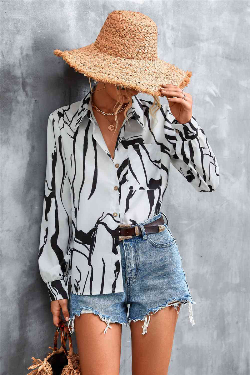 Printed Button Down Long Sleeve Shirt-Ship From Overseas, YO-White-S-[option4]-[option5]-[option6]-Womens-USA-Clothing-Boutique-Shop-Online-Clothes Minded