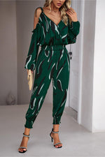 Printed Cold-Shoulder Surplice Neck Jumpsuit-Jumpsuit-DY, Jumpsuit, Ship From Overseas-Green-S-[option4]-[option5]-[option6]-Womens-USA-Clothing-Boutique-Shop-Online-Clothes Minded