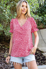 Printed Flounce Sleeve Plunge Blouse-Ship From Overseas, SYNZ-[option4]-[option5]-[option6]-Womens-USA-Clothing-Boutique-Shop-Online-Clothes Minded