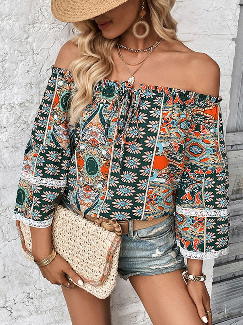 Printed Frill Trim Off-Shoulder Blouse-Hundredth, Ship From Overseas-[option4]-[option5]-[option6]-Womens-USA-Clothing-Boutique-Shop-Online-Clothes Minded