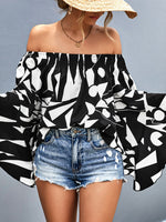 Printed Off-Shoulder Bell Sleeve Blouse-Tops-Ship From Overseas, Tops, YO-Black-S-[option4]-[option5]-[option6]-Womens-USA-Clothing-Boutique-Shop-Online-Clothes Minded