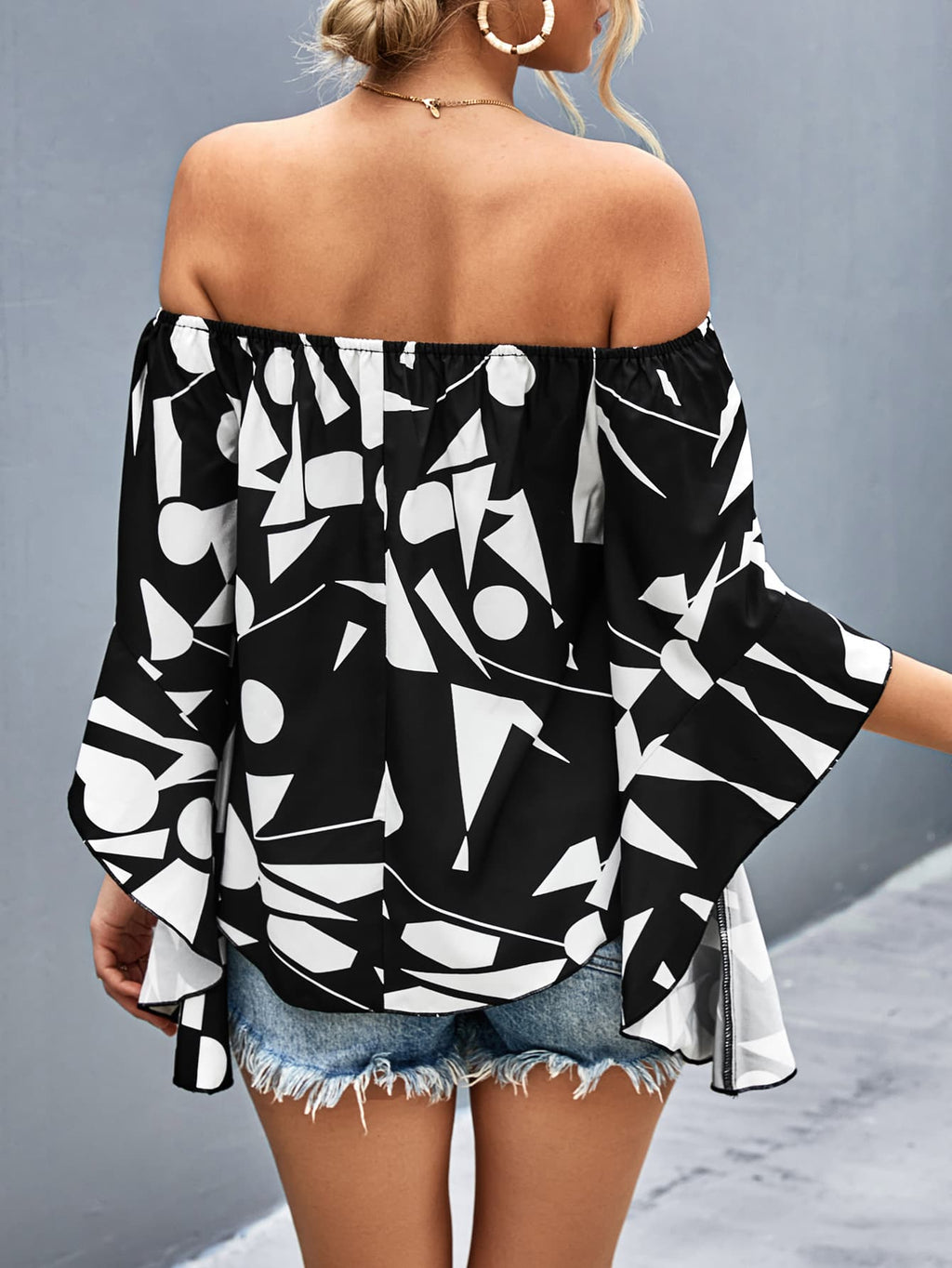 Printed Off-Shoulder Bell Sleeve Blouse-Tops-Ship From Overseas, Tops, YO-Black-S-[option4]-[option5]-[option6]-Womens-USA-Clothing-Boutique-Shop-Online-Clothes Minded