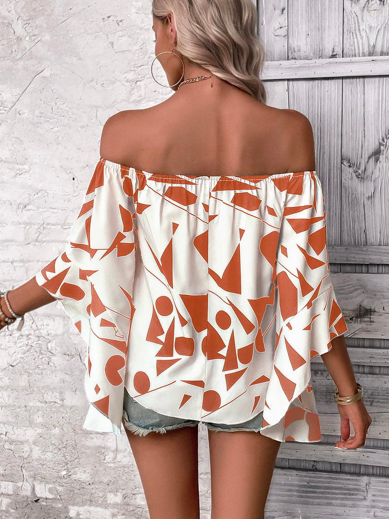 off shoulder dress blouse Printed Off-Shoulder Bell Sleeve Blouse