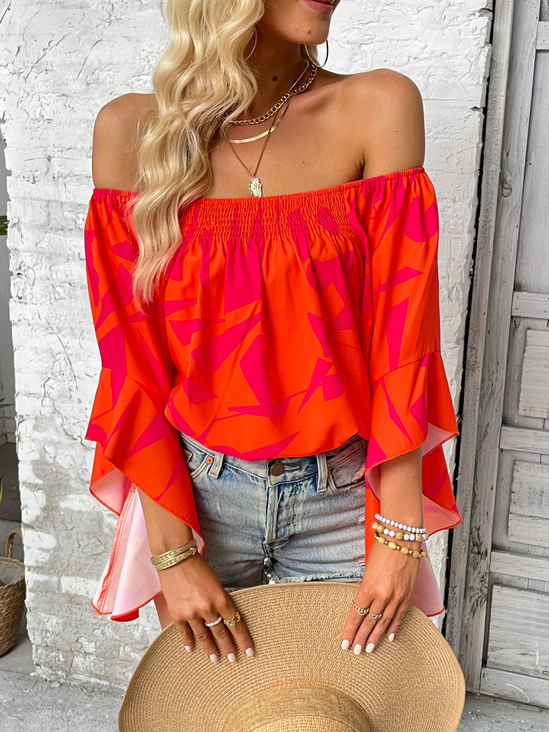 Printed Off-Shoulder Bell Sleeve Blouse-Tops-Ship From Overseas, Tops, YO-[option4]-[option5]-[option6]-Womens-USA-Clothing-Boutique-Shop-Online-Clothes Minded