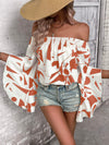Printed Off-Shoulder Bell Sleeve Blouse-Tops-Ship From Overseas, Tops, YO-Red Orange-S-[option4]-[option5]-[option6]-Womens-USA-Clothing-Boutique-Shop-Online-Clothes Minded