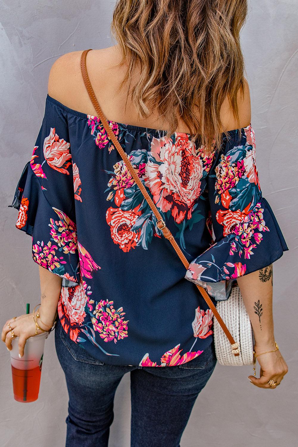 Printed Off-Shoulder Flounce Sleeve Top-Tops-Boutique Top, Floral Top, Ship From Overseas, SYNZ, Top, Tops-Navy-S-[option4]-[option5]-[option6]-Womens-USA-Clothing-Boutique-Shop-Online-Clothes Minded