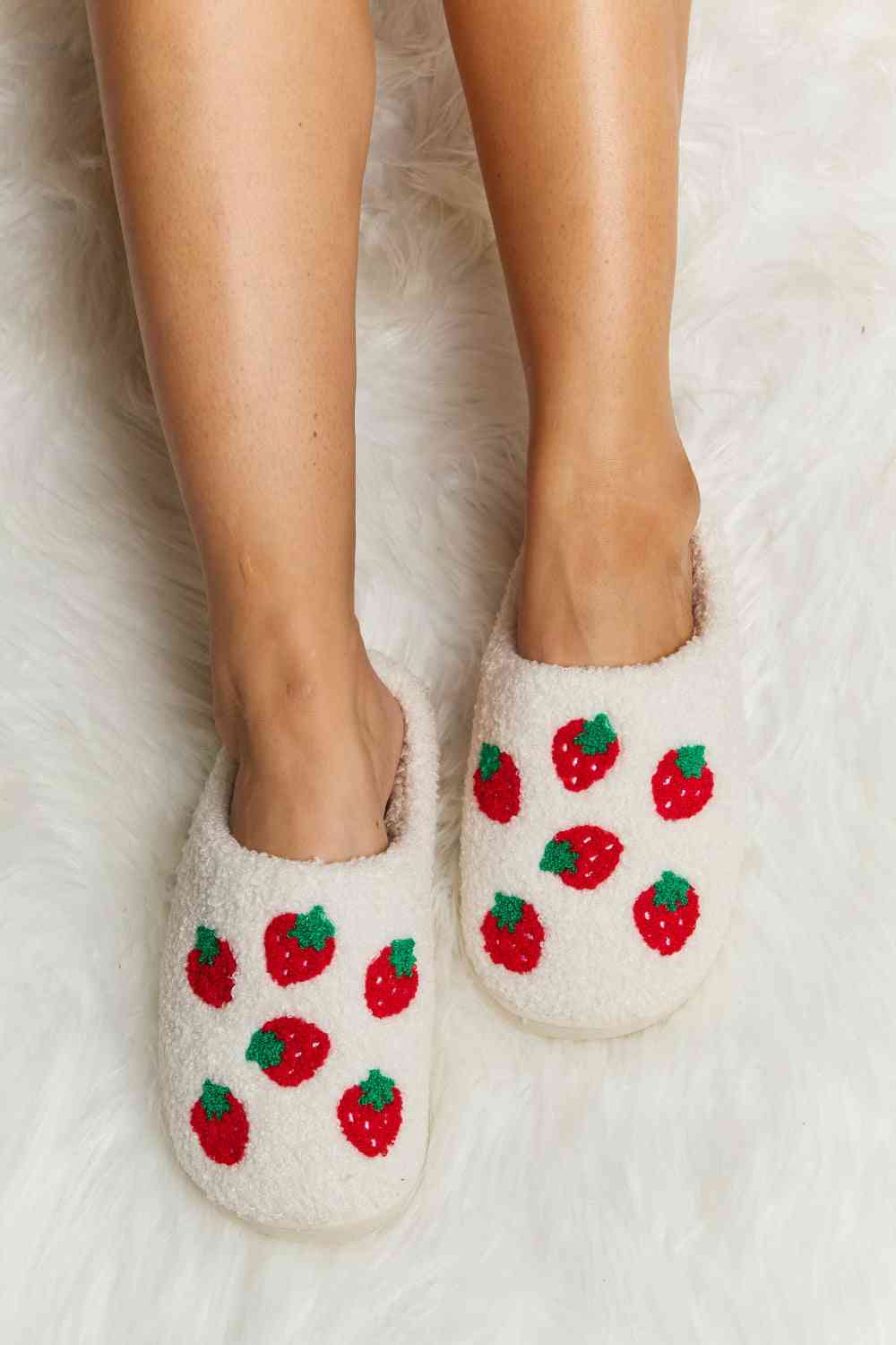 Printed Plush Slide Slippers-Melody, Ship from USA-Strawberry-S-[option4]-[option5]-[option6]-Womens-USA-Clothing-Boutique-Shop-Online-Clothes Minded