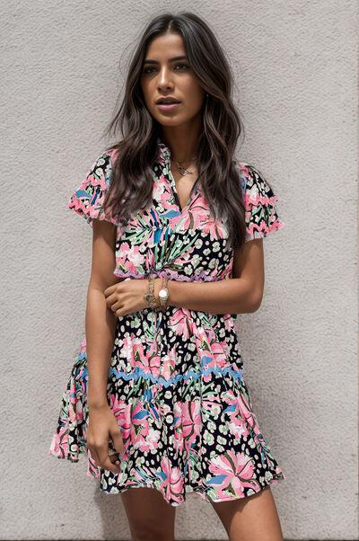 Printed Ruffle Hem Short Sleeve Mini Dress-Dresses-Ship From Overseas, Shipping delay February 8 - February 16, SYNZ-[option4]-[option5]-[option6]-Womens-USA-Clothing-Boutique-Shop-Online-Clothes Minded