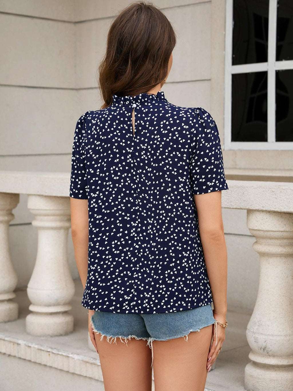 Printed Short Sleeve Round Neck Top-CATHSNNA, Ship From Overseas-Navy-S-[option4]-[option5]-[option6]-Womens-USA-Clothing-Boutique-Shop-Online-Clothes Minded