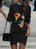 Printed Turtleneck Long Sleeve Mini Dress-Ship From Overseas, Y@R-Black-S-[option4]-[option5]-[option6]-Womens-USA-Clothing-Boutique-Shop-Online-Clothes Minded