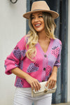 Printed V-Neck Button-Down Long Sleeve Cardigan-Cardigans-Cardigan, Cardigan Sweater, Cardigans, Ship From Overseas, Y.S.J.Y-Hot Pink-S-[option4]-[option5]-[option6]-Womens-USA-Clothing-Boutique-Shop-Online-Clothes Minded