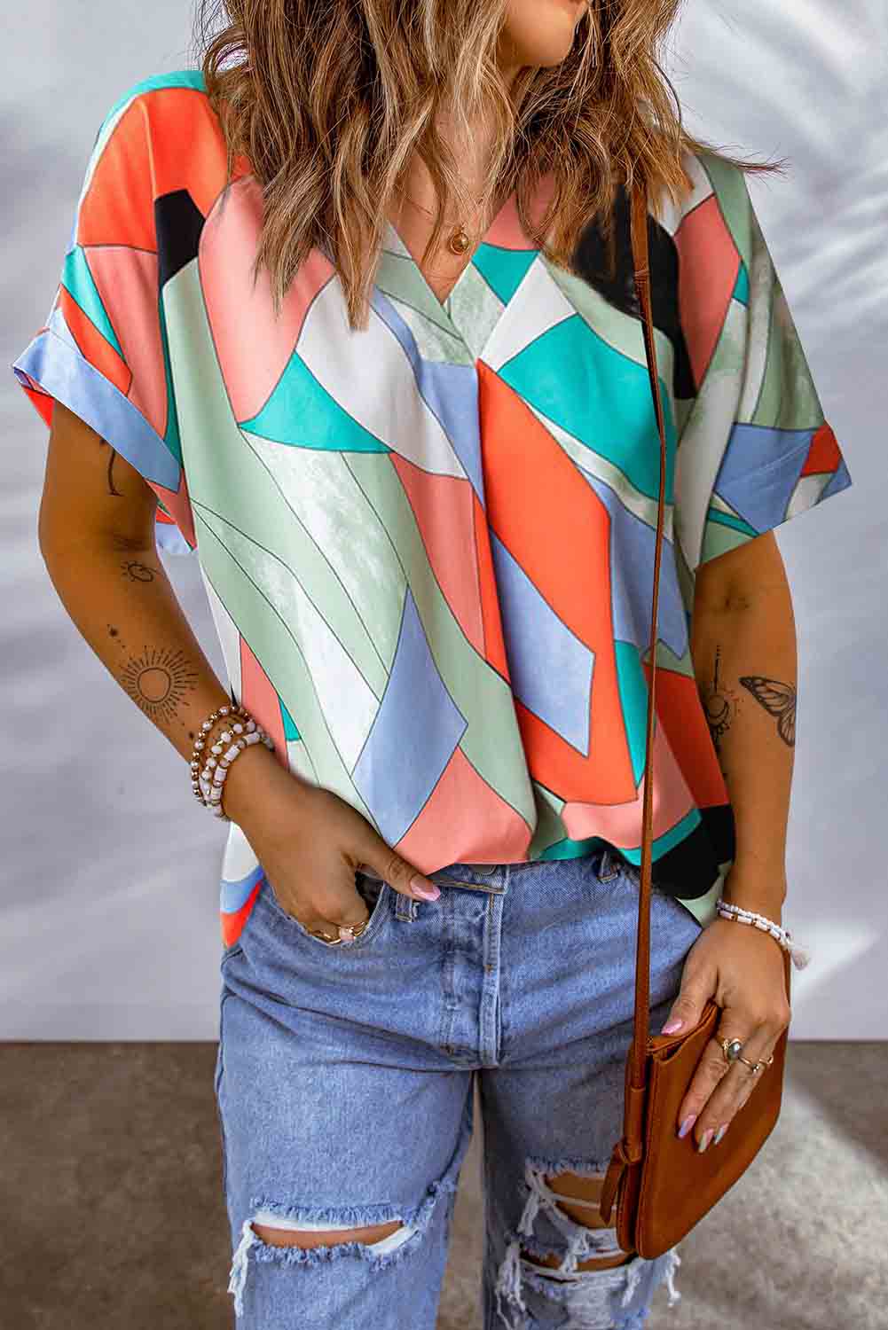 Printed V-Neck Short Sleeve Blouse-Ship From Overseas, SYNZ-Multicolor-S-[option4]-[option5]-[option6]-Womens-USA-Clothing-Boutique-Shop-Online-Clothes Minded
