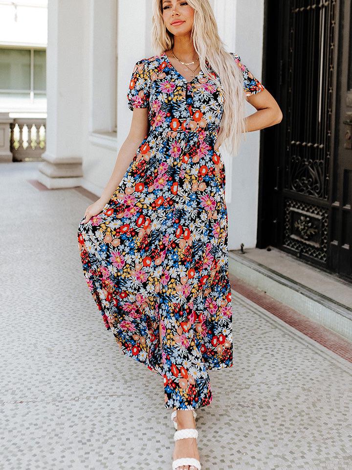 Printed V-Neck Short Sleeve Maxi Dress-Ship From Overseas, SYNZ-Multicolor-S-[option4]-[option5]-[option6]-Womens-USA-Clothing-Boutique-Shop-Online-Clothes Minded