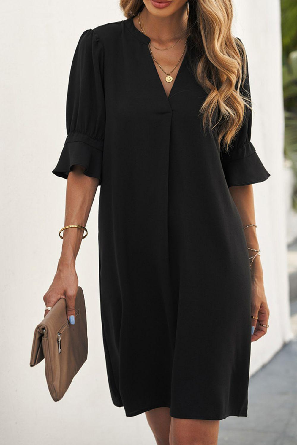 Puff Sleeve Notched Mini Shift Dress-Dresses-Shipping Delay 01/20/2023 - 01/28/2023-Black-S-[option4]-[option5]-[option6]-Womens-USA-Clothing-Boutique-Shop-Online-Clothes Minded