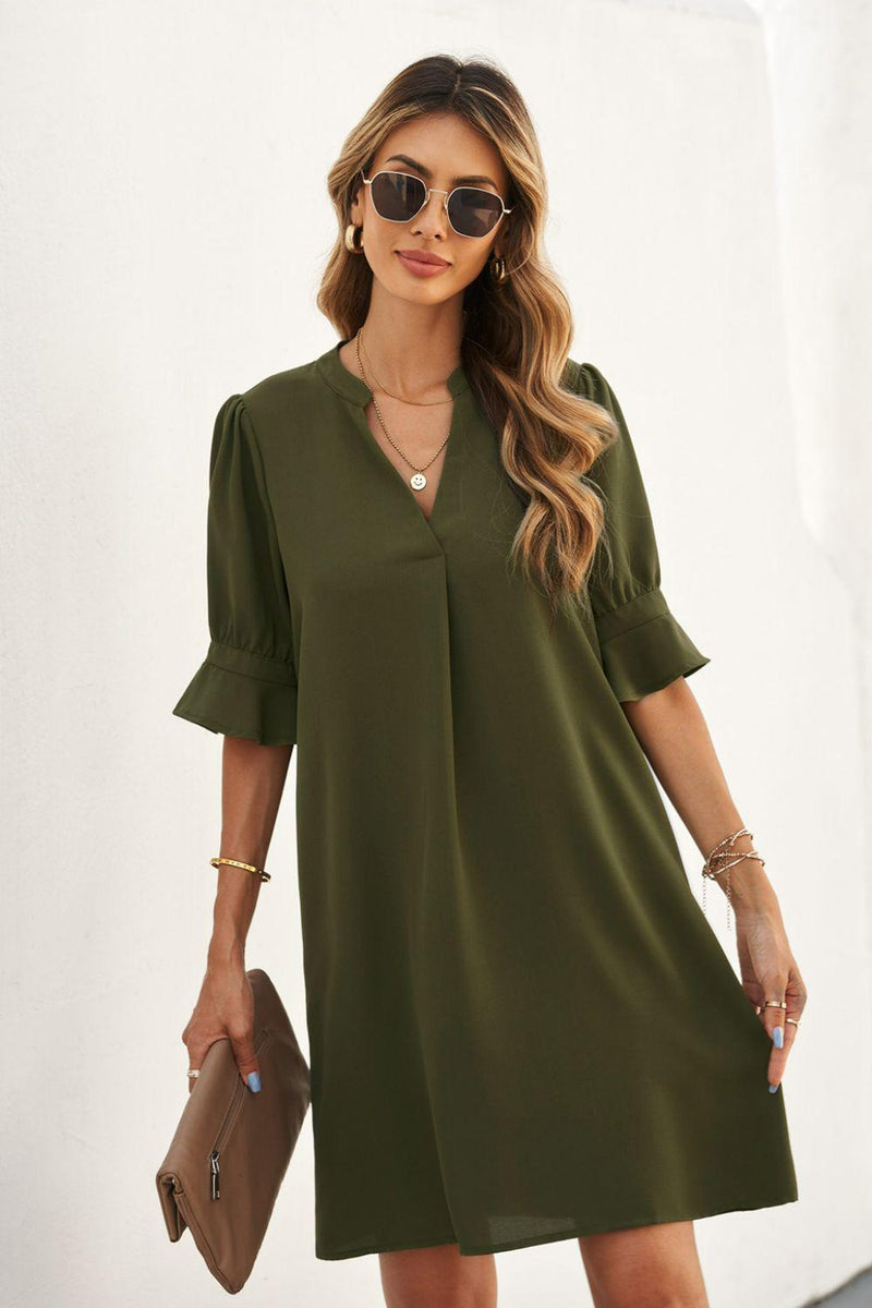 Puff Sleeve Notched Mini Shift Dress-Dresses-Shipping Delay 01/20/2023 - 01/28/2023-[option4]-[option5]-[option6]-Womens-USA-Clothing-Boutique-Shop-Online-Clothes Minded