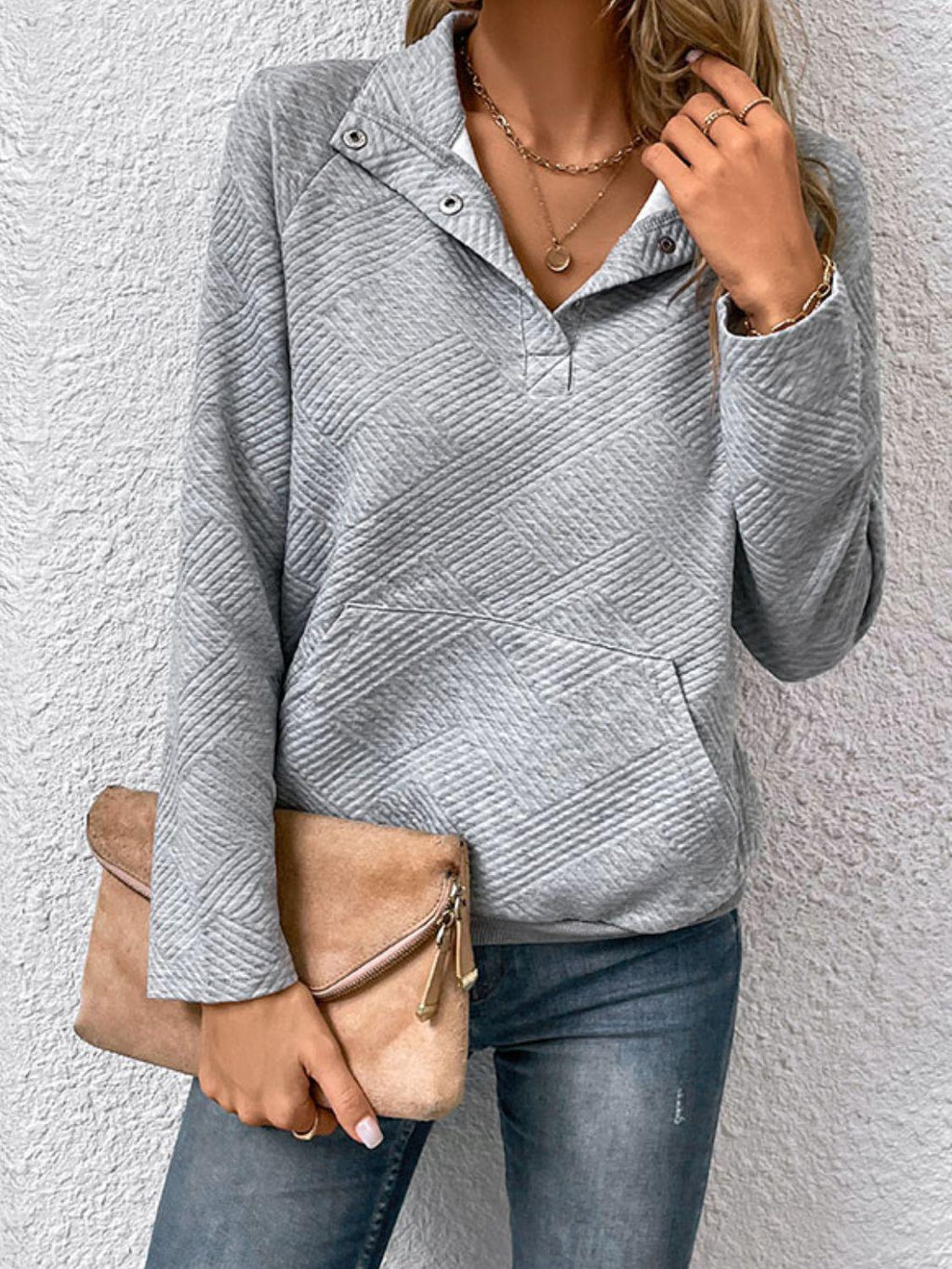 Raglan Sleeve Collared Neck Sweatshirt with Pocket-Tops-Boutique Top, Hundredth, Ship From Overseas, Top, Tops-Light Gray-S-[option4]-[option5]-[option6]-Womens-USA-Clothing-Boutique-Shop-Online-Clothes Minded