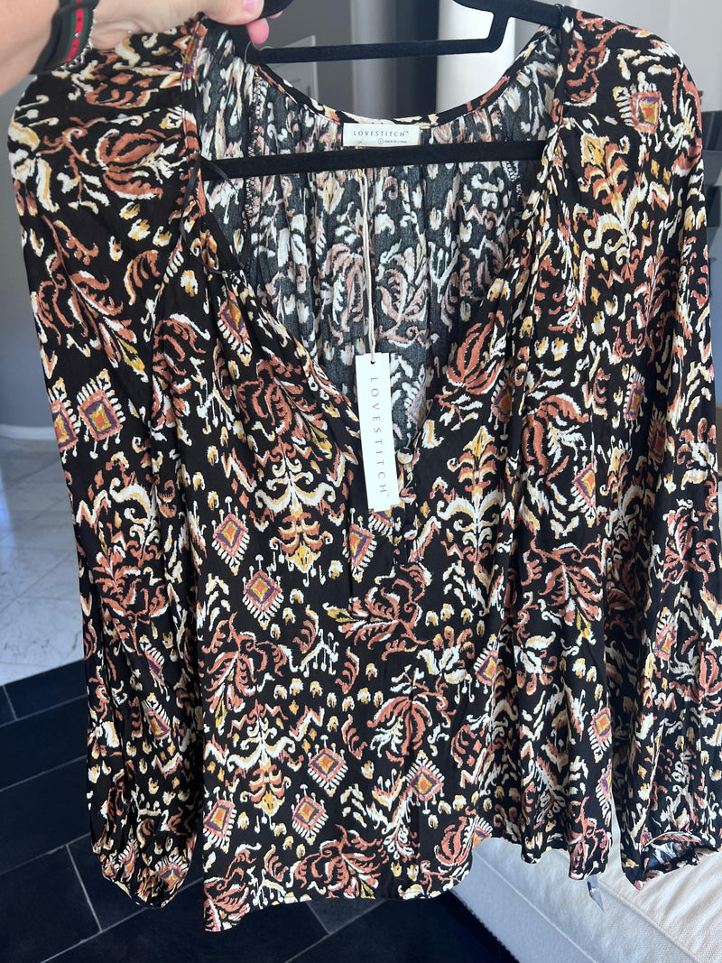 Raglan Sleeve Falling Fabulous Blouse-110 Long Sleeve Tops-Boho Patterned Blouse, Boho Peasant Blouse, Boutique Blouse, Boutique Top, Fall Patterned Blouse, Max Retail, Patterned Blouse, peasant blouse, sale, Sale Top, sale tops-[option4]-[option5]-[option6]-Womens-USA-Clothing-Boutique-Shop-Online-Clothes Minded