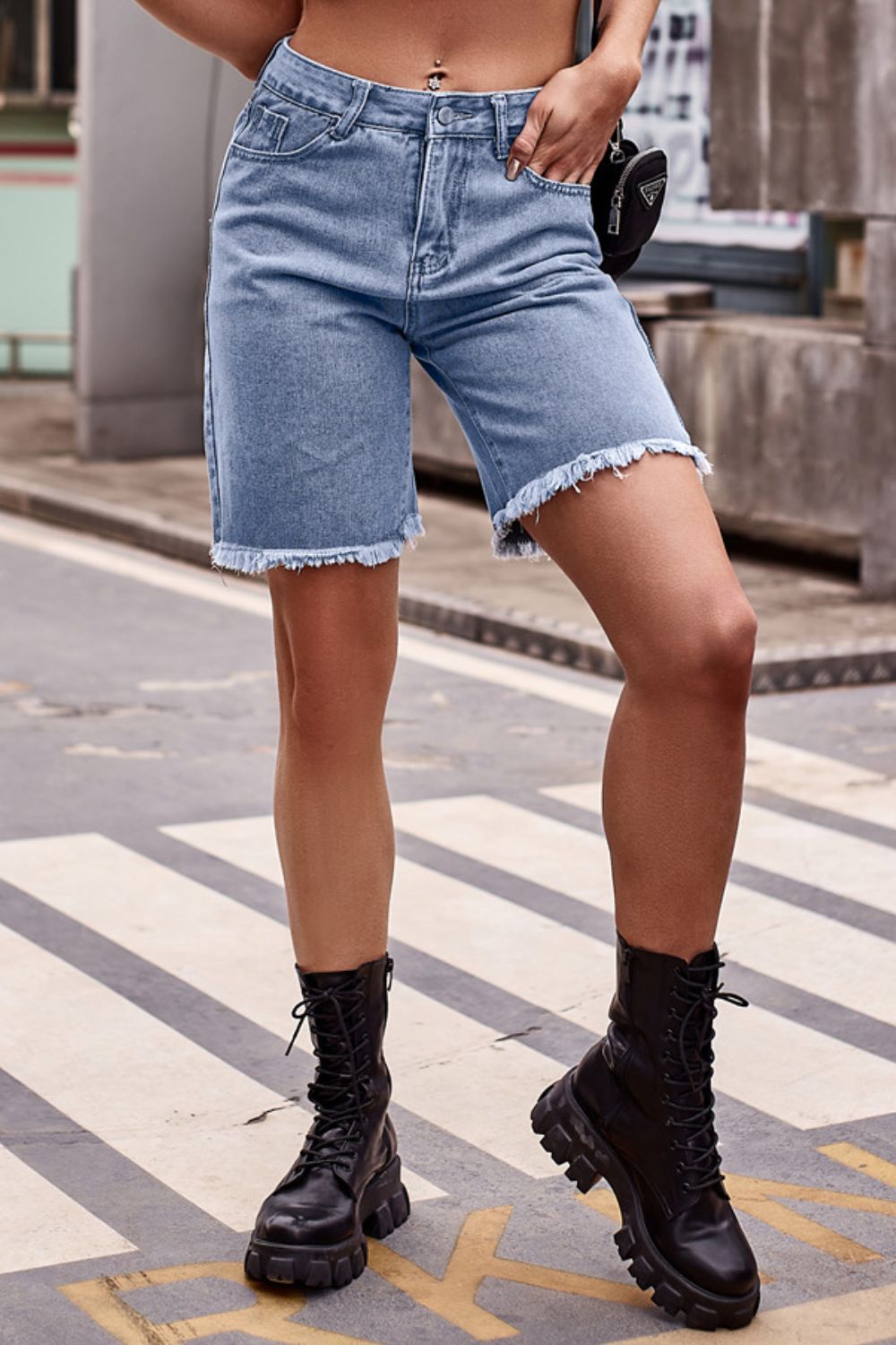 Raw Hem Denim Shorts with Pockets-Manny, Ship From Overseas-Medium-S-[option4]-[option5]-[option6]-Womens-USA-Clothing-Boutique-Shop-Online-Clothes Minded