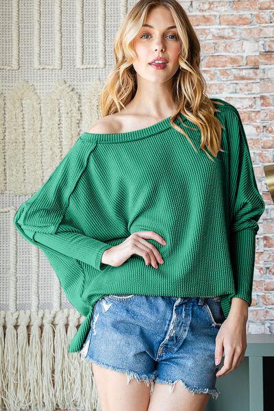Reborn J Exposed Seam Lantern Sleeve Top-Reborn J, Ship from USA-GREEN-S-[option4]-[option5]-[option6]-Womens-USA-Clothing-Boutique-Shop-Online-Clothes Minded