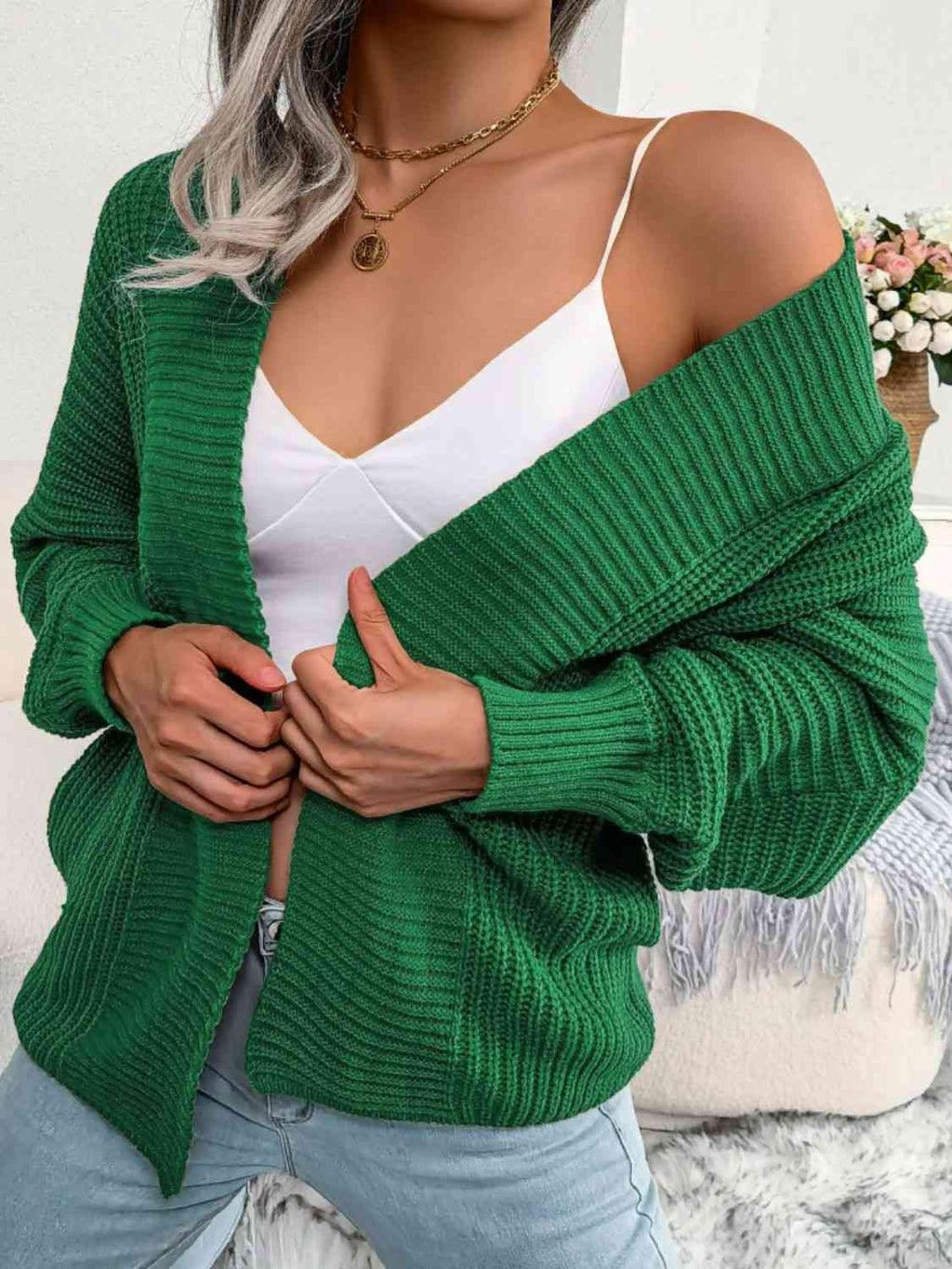 Rib-Knit Open Front Dolman Sleeve Cardigan-B.J.S, Ship From Overseas-Green-S-[option4]-[option5]-[option6]-Womens-USA-Clothing-Boutique-Shop-Online-Clothes Minded