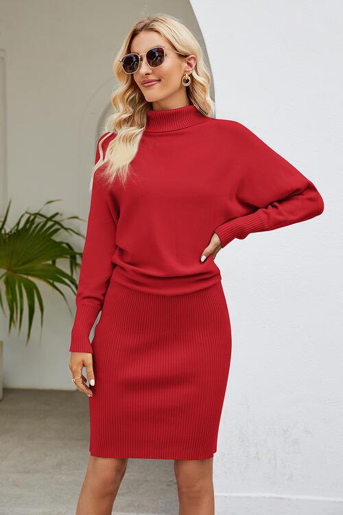 Ribbed Mock Neck Long Sleeve Dress-Dresses-Ship From Overseas, X.X.W-Red-S-[option4]-[option5]-[option6]-Womens-USA-Clothing-Boutique-Shop-Online-Clothes Minded