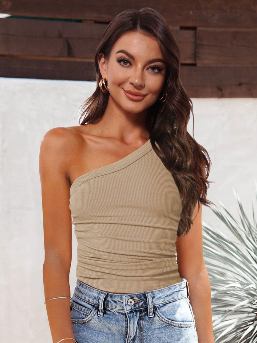 Ribbed One-Shoulder Tank-Shirts & Tops-MDML, One Shoulder Top, Ship From Overseas-Khaki-S-[option4]-[option5]-[option6]-Womens-USA-Clothing-Boutique-Shop-Online-Clothes Minded