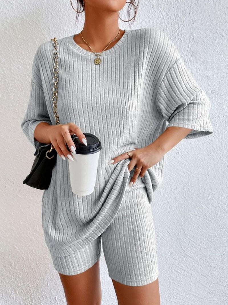 Ribbed Round Neck Top and Shorts Set-Set-Casual Sets, Comfy Set, Lounge Set, Matching Set, Ship From Overseas, Shipping Delay 09/29/2023 - 10/03/2023, Y@L@Y-Cloudy Blue-S-[option4]-[option5]-[option6]-Womens-USA-Clothing-Boutique-Shop-Online-Clothes Minded