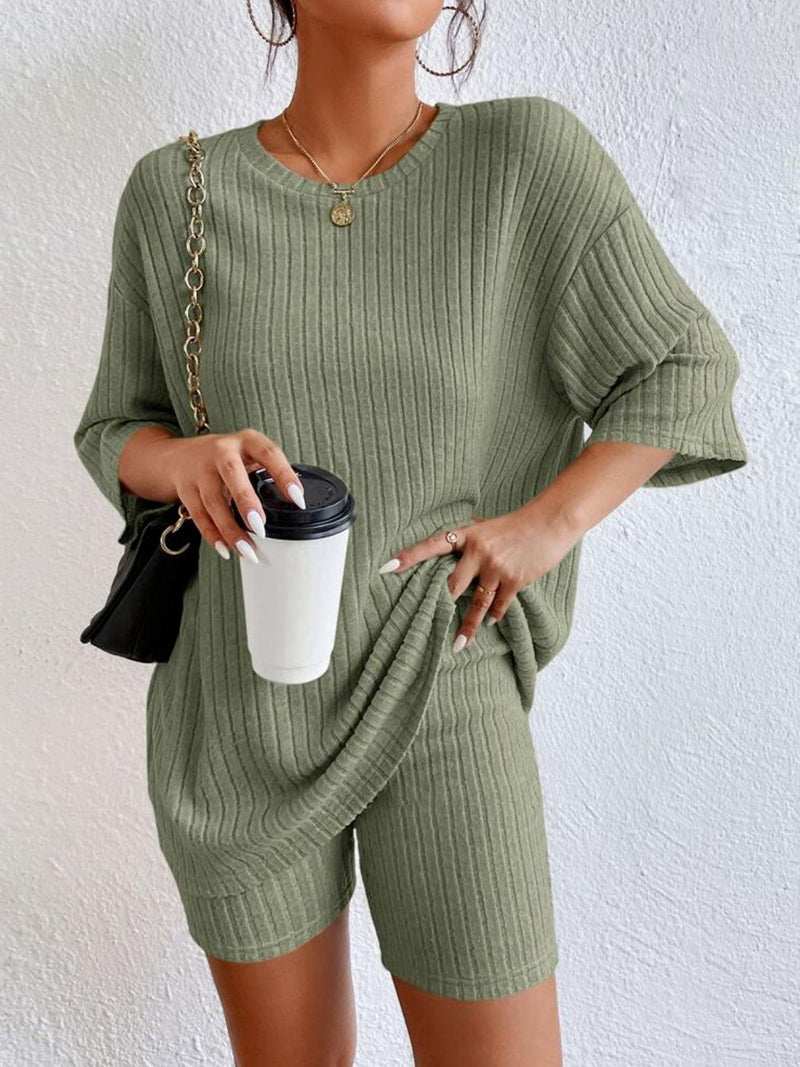 Ribbed Round Neck Top and Shorts Set-Set-Casual Sets, Comfy Set, Lounge Set, Matching Set, Ship From Overseas, Shipping Delay 09/29/2023 - 10/03/2023, Y@L@Y-Gum Leaf-S-[option4]-[option5]-[option6]-Womens-USA-Clothing-Boutique-Shop-Online-Clothes Minded