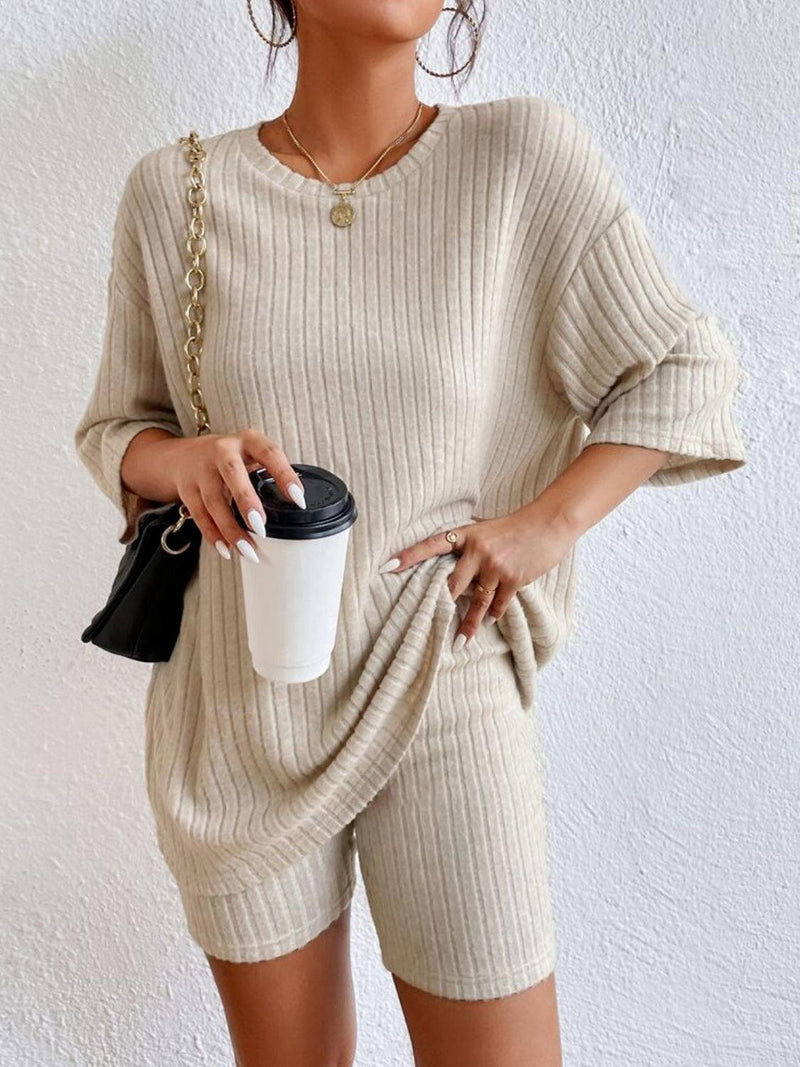 Ribbed Round Neck Top and Shorts Set-Set-Casual Sets, Comfy Set, Lounge Set, Matching Set, Ship From Overseas, Shipping Delay 09/29/2023 - 10/03/2023, Y@L@Y-Ivory-S-[option4]-[option5]-[option6]-Womens-USA-Clothing-Boutique-Shop-Online-Clothes Minded