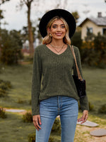 Ribbed V-Neck Long Sleeve Tee-Tops-Lamy, Ship From Overseas, Shipping Delay 09/29/2023 - 10/02/2023, Tops-Army Green-S-[option4]-[option5]-[option6]-Womens-USA-Clothing-Boutique-Shop-Online-Clothes Minded