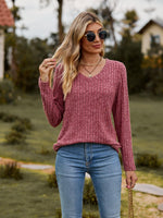 Ribbed V-Neck Long Sleeve Tee-Tops-Lamy, Ship From Overseas, Shipping Delay 09/29/2023 - 10/02/2023, Tops-[option4]-[option5]-[option6]-Womens-USA-Clothing-Boutique-Shop-Online-Clothes Minded
