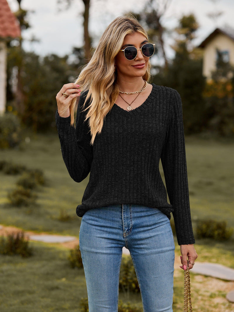 Ribbed V-Neck Long Sleeve Tee-Tops-Lamy, Ship From Overseas, Shipping Delay 09/29/2023 - 10/02/2023, Tops-[option4]-[option5]-[option6]-Womens-USA-Clothing-Boutique-Shop-Online-Clothes Minded